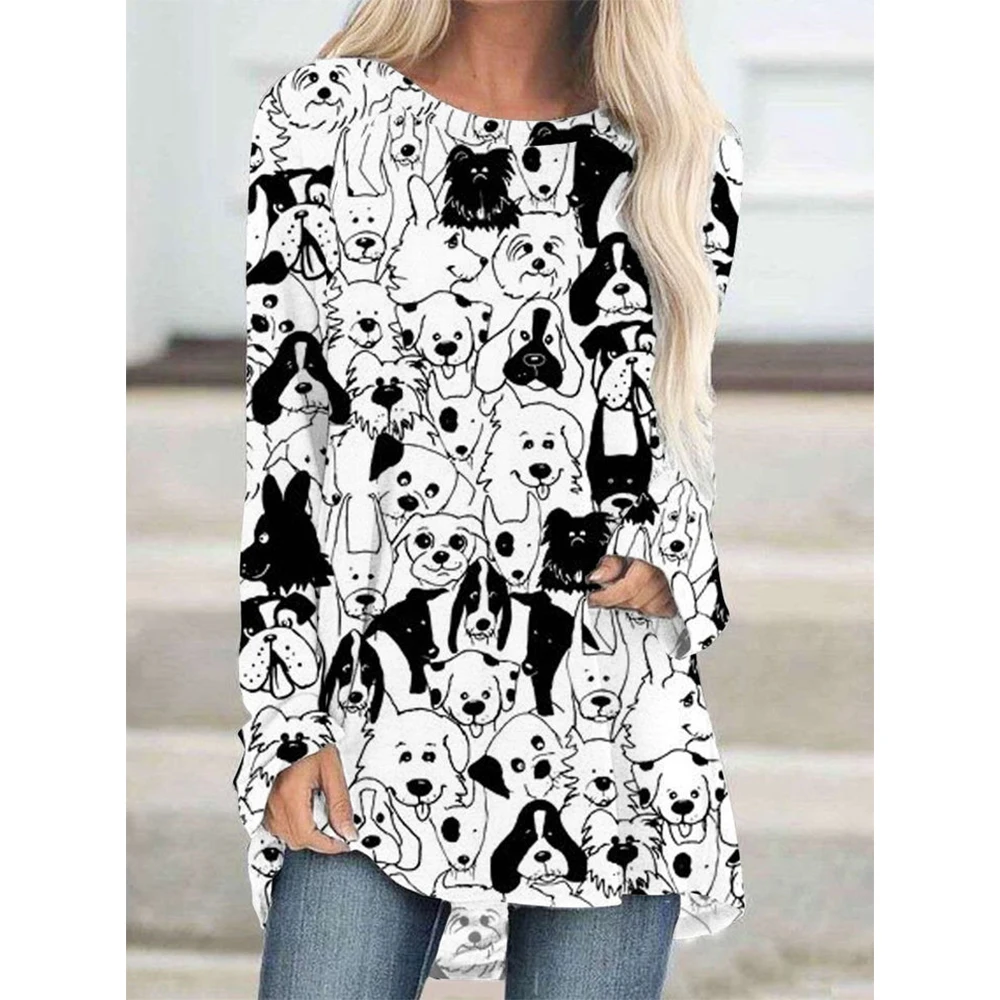 

CLOOCL Popular Women Long Sleeve T-Shirt Cute Cartoon Puppy 3D Printed Crew Neck Loose Oversized Tops Cartoon Kawaii Blouse