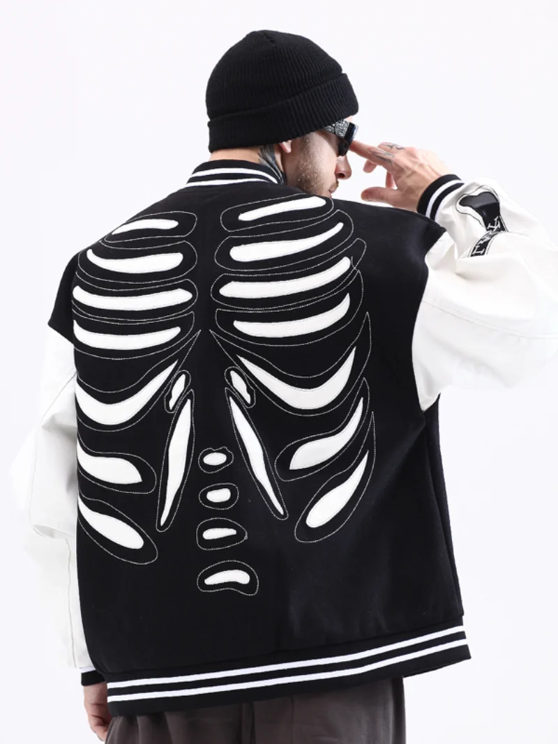 Mens Streetwear Jacket Bone Skeleton Baseball Bomber Jacket Retro Jacket Coat Hip Hop Harajuku Loose Jacket Oversized Unisex