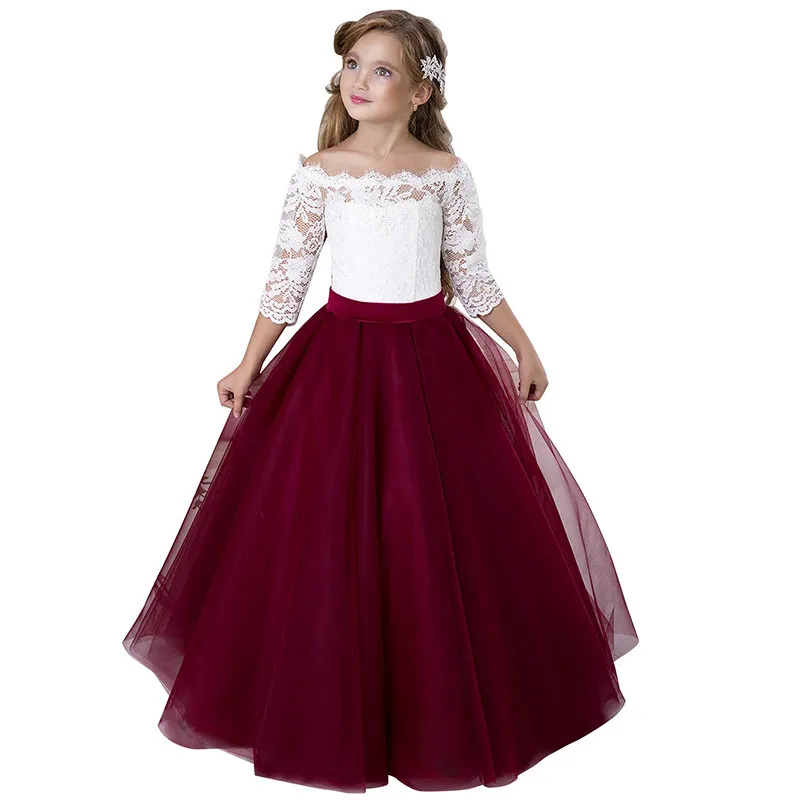 

Kids Champagne Puffy Flower Girl Dress Pearls Beadings Bow First Communion Dresses Tulle Sashes Kids Little Bride Dresses