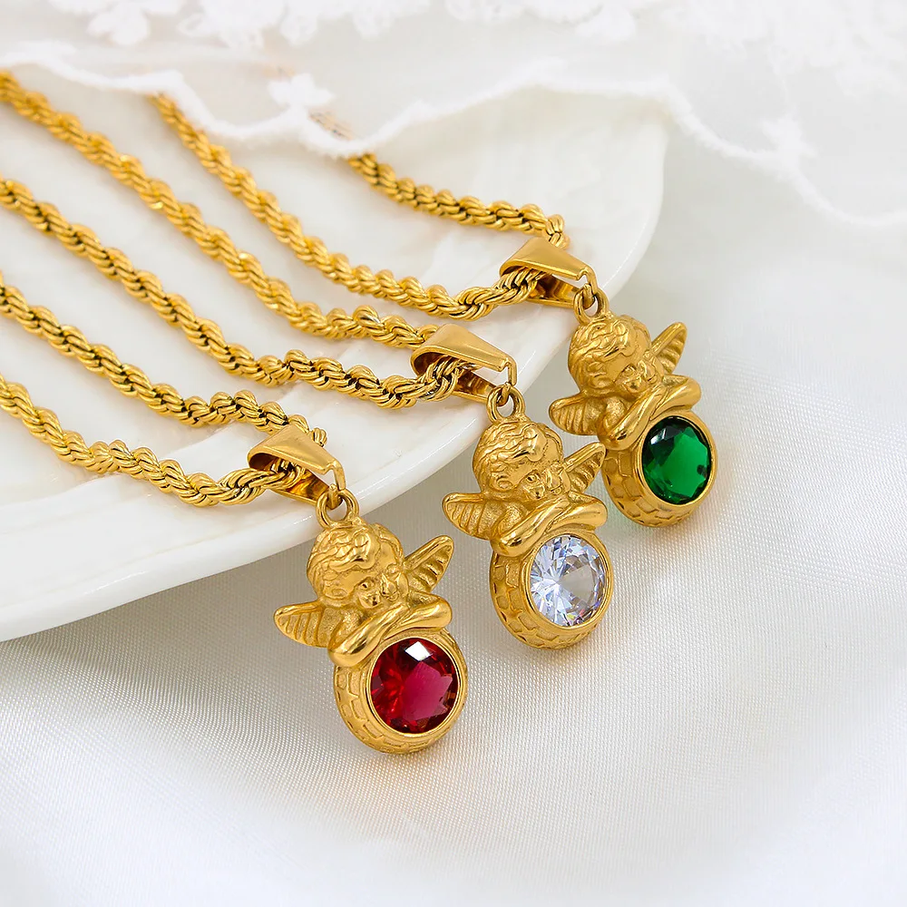 Retro Chunky Twist Metal Chain 12 Month Birthstone Necklace Multicolor Crystal Zircon Cherub Angel Choker Party Gifts Jewelry