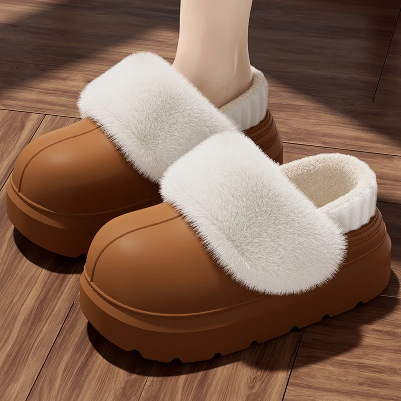 Outdoor Waterproof Cotton Slippers Women Thick Bottom Non Slip Fluffy Home Slippers Woman Comfortable Warm Thicken Plush Slides