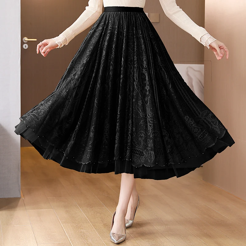 

High Waist Black Big Skirt Spring Women's Lace Skirt Long Korean Loose All Match Pleated Skirt