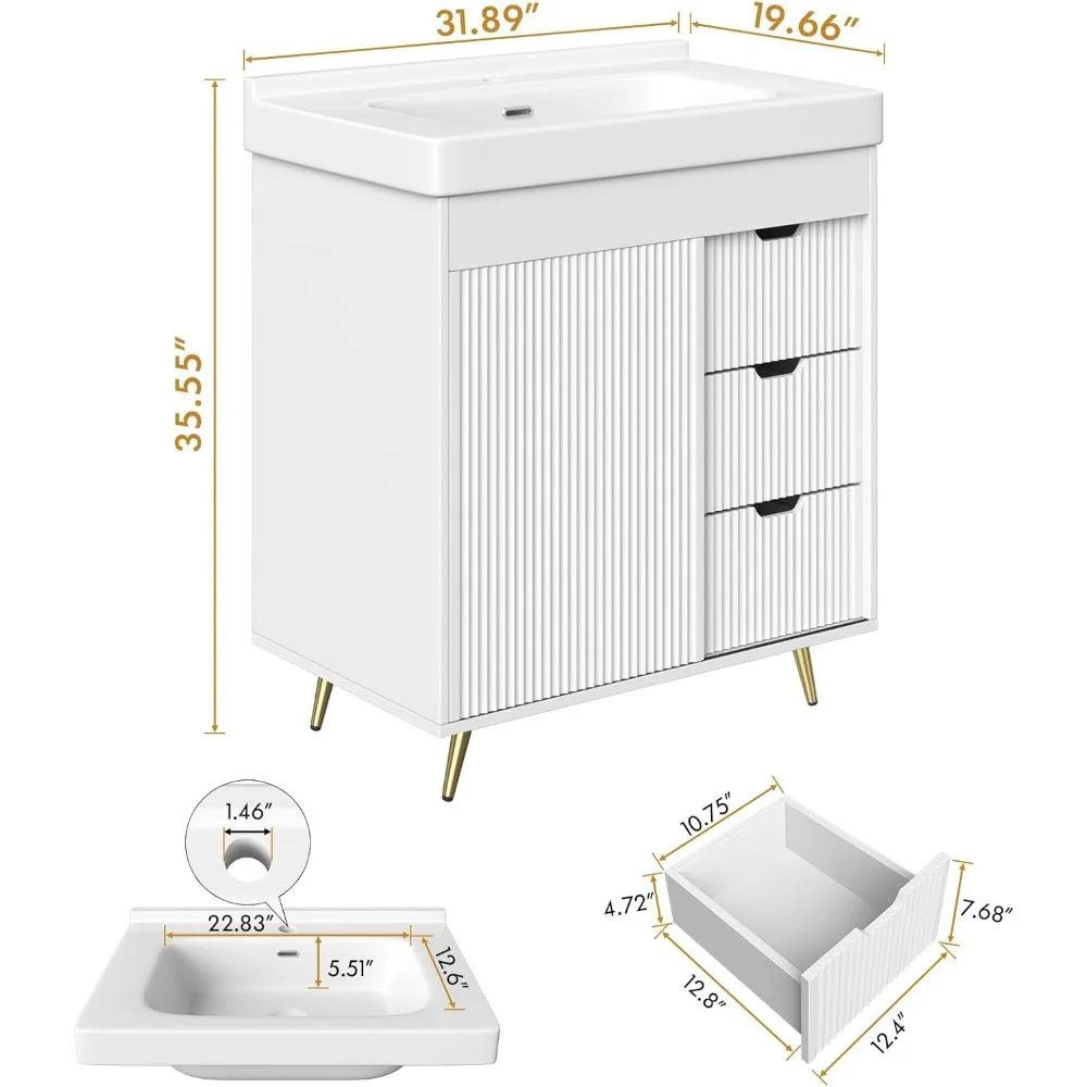 Bathroom Vanity with Sink, 31'' White Bathroom Sink Cabinet with Glide Door and 3 Drawers, Ceramic Sink Vanity Modern 3