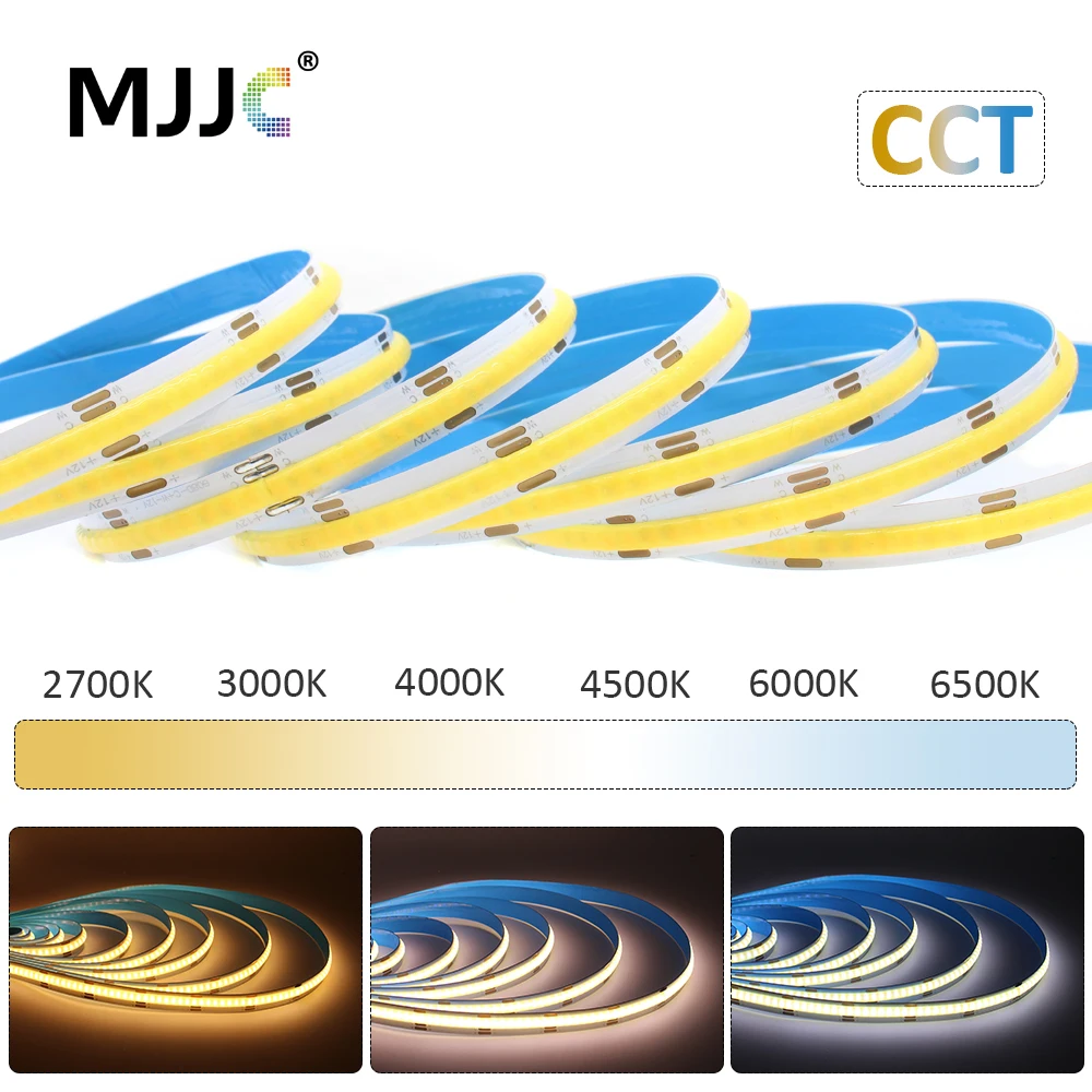 DC 12V 24V CCT COB LED Strip Light 5M High Density Flexible 608LEDs Dual White WW CW Dimmable FOB Linear Tape Lights Lamp RA90