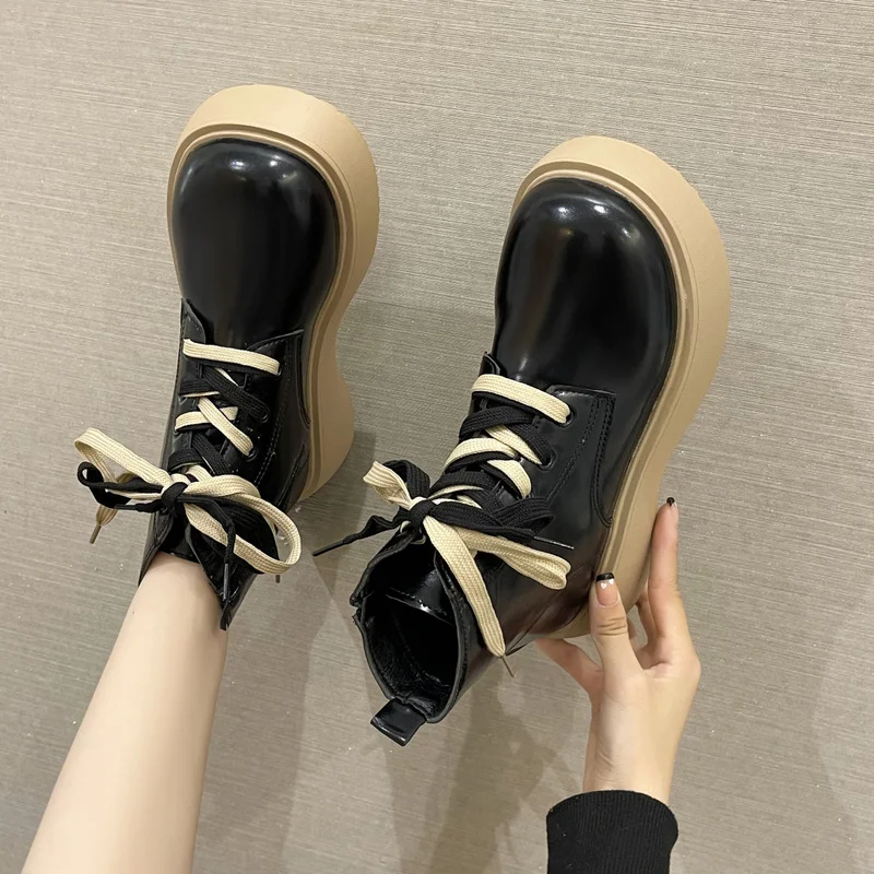 2023 Lace Up Ankle Boots Women Autumn Winter Chunky Booties Platform Motorcycle Boots Back Zipper Short Boots Thick Sole Shoes
