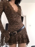 Summer Y2k Women's Dresses Sexy Sheer Mesh Lace Bodycon Dress Flared Long Sleeve V-Neck Mini Dress Party Club Evening Dresses - Image 2