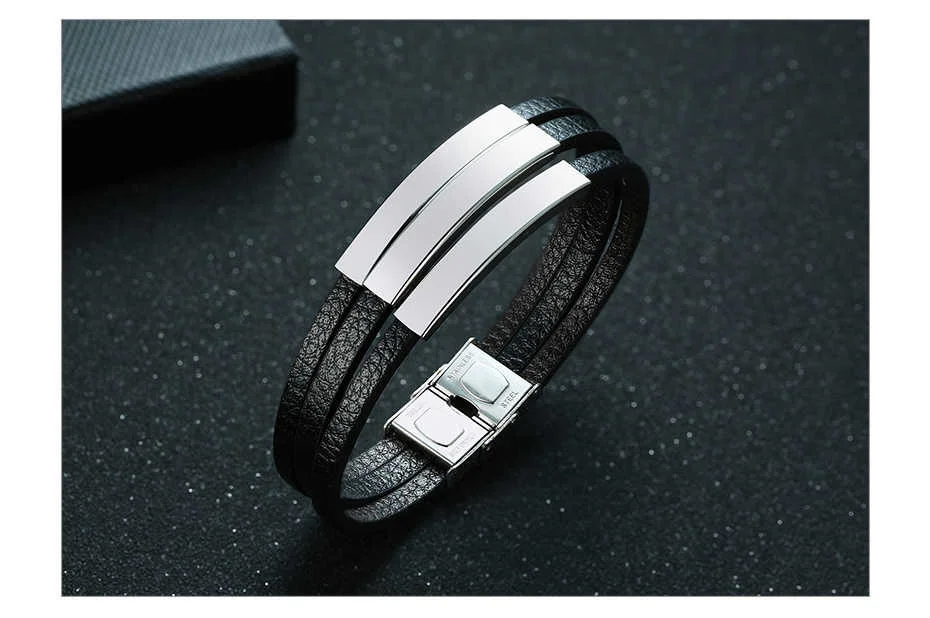 Vnox Men's Multi-Layer Black Leather Wrap Bracelets Personalize Engrave Name Love Friendship ICE Info Custom Gifts for Him