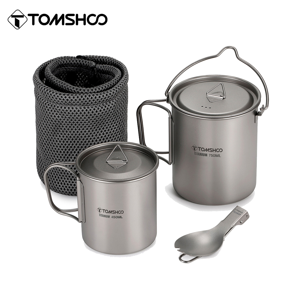  Tomshoo 3 PCS Titanium Cookware Set Ultralight 750ml Pot 450ml Water Cup Mug w Lid Folding Spork for Outdoor Camping Backpacking 