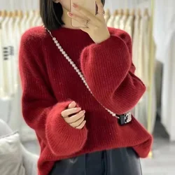 Cashmere Sweater Women O-Neck Bright dotsSweater Pure Color Knitted Pullover  Loose Lantern sleeve Cashmere Sweater Women