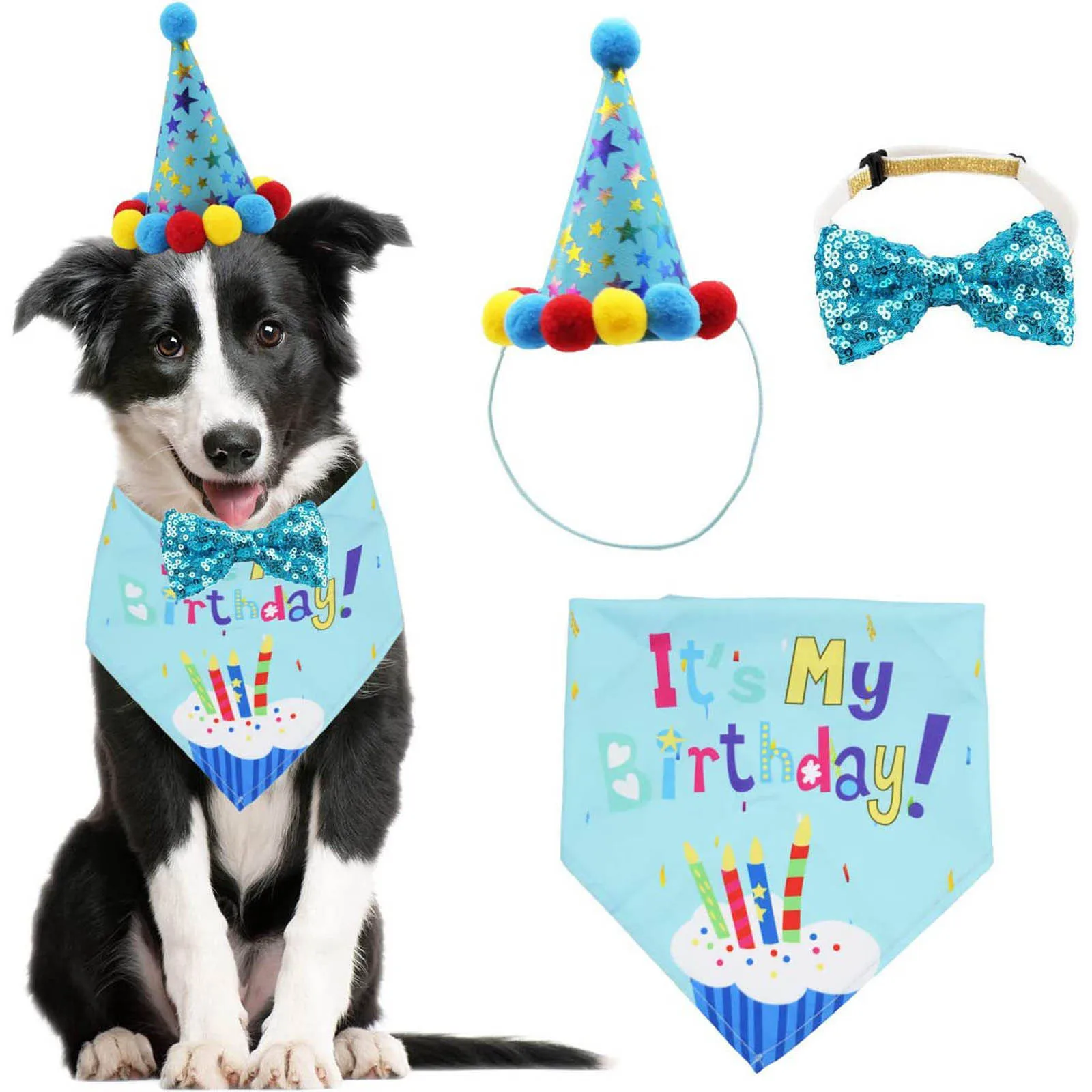 Birthday Party Bandana Scarf Dog Clothes With Hat Cute Bow Tie Small Pet Three-Piece Set Cute Pet Party Decorations Ropa Perro