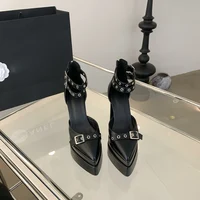 M European Belt Buckle Chunky Heels Pointed-toe Hollow out Super High Heel Platform Footwear Fashion Zipper Square Heel Sandals - Image 3