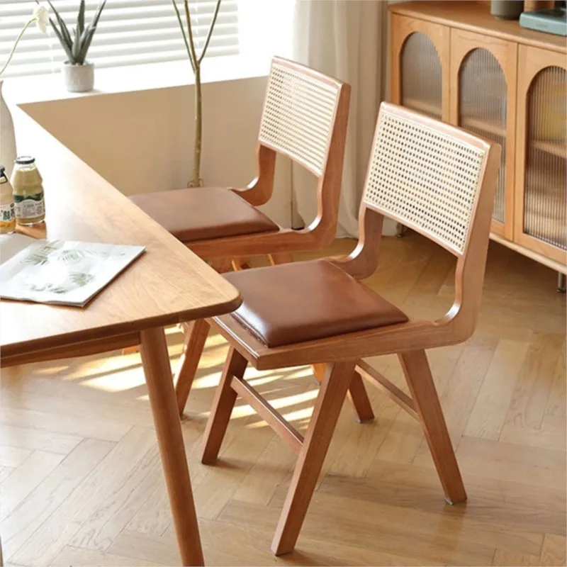 OMGD Scandinavian Rattan Chair Household Solid Wood Dining Chair Antique Style Designer Dining Table