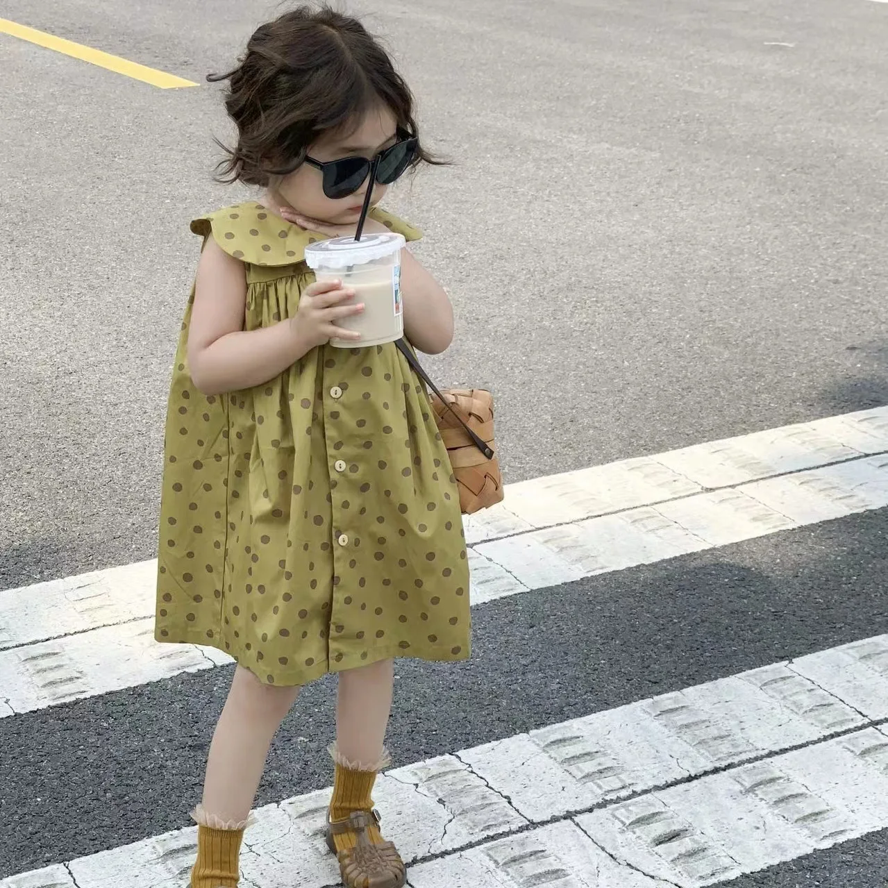 

4724C Children's Clothing Set 2023 Summer New Girls' Dress Polka-dot Doll Collar Sleeveless Skirt Dress Casual Dress