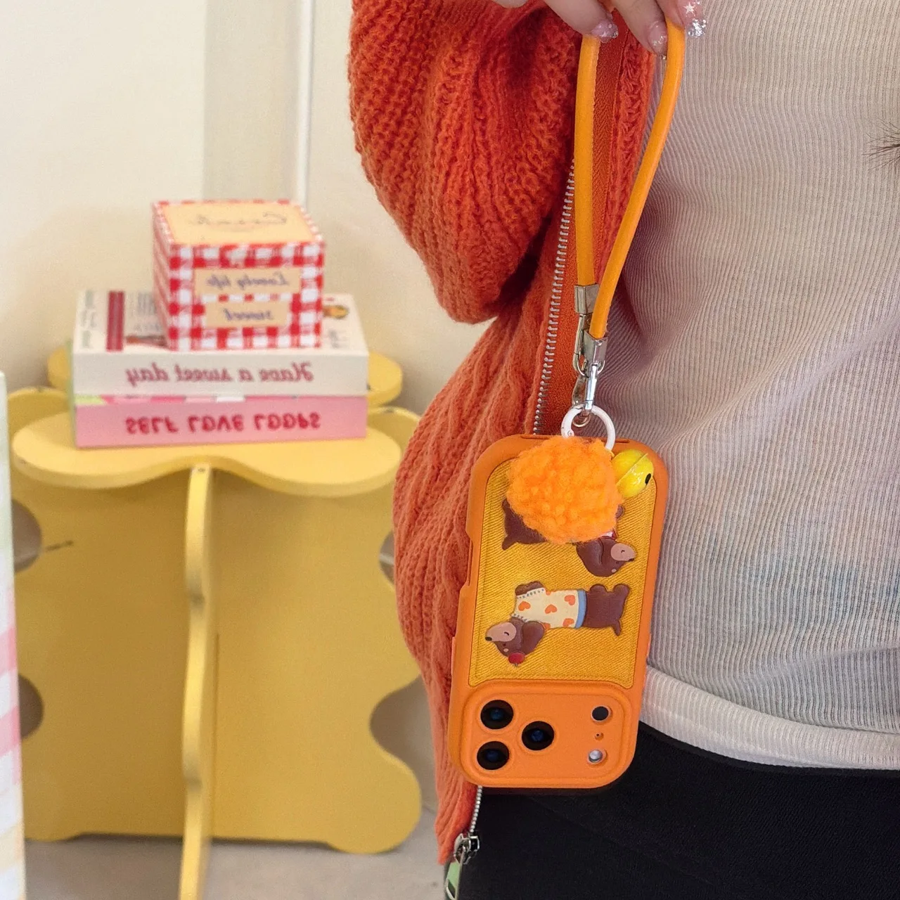 Cute Cartoon Puppy Sausage Dog Phone Case with Leather Rope Strap Cover