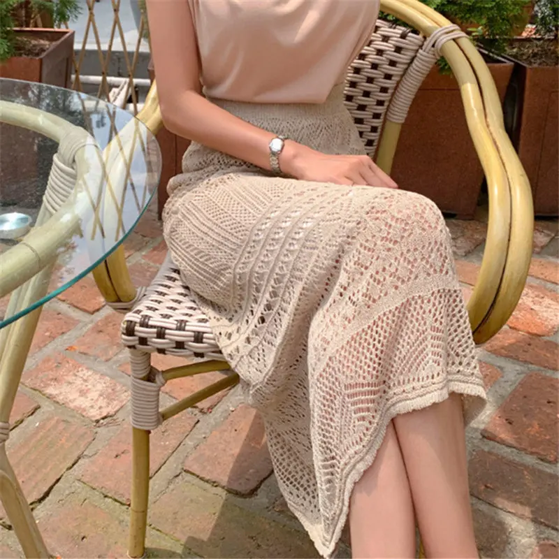 ruffle skirt Hzirip Hollow Out Knitted Brief Elegance OL All Match 2021 New Slim Trumpets Hot A-line Women Mermaid High Waist Long Skirts crop top with skirt Skirts