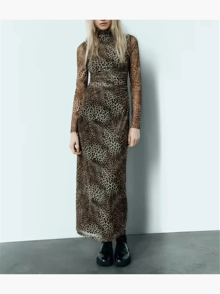 

Винтажное Плиссированное длинное платье для девочек с леопардовым принтом и высокой талией, шикарное женское Модное Длинное облегающее платье с высоким воротником и принтом животных