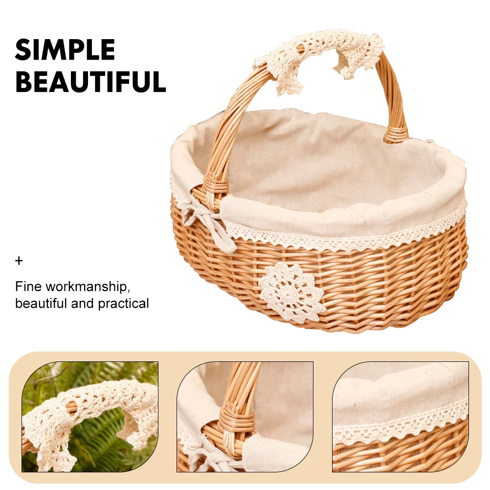 Wicker Storage Basket Metal Shopping Fruit for Kitchen Picnic Foldable Woven Decorative Tray 4