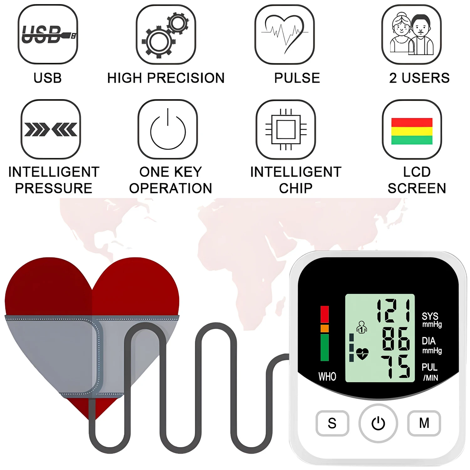 Portable Digital Upper Arm Blood Pressure Monitor Measurement Tool Blood Pressure Monitor BP Medical Sphygmomanometer Pulse