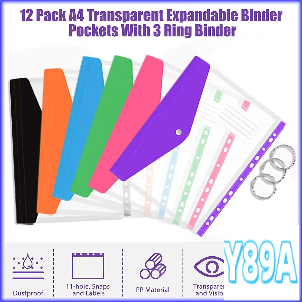 GO-12 Pcs A4 바인더 포켓 확장 가능한 봉투 링 바인더 폴더, 스냅 버튼 용 투명 플라스틱 봉투