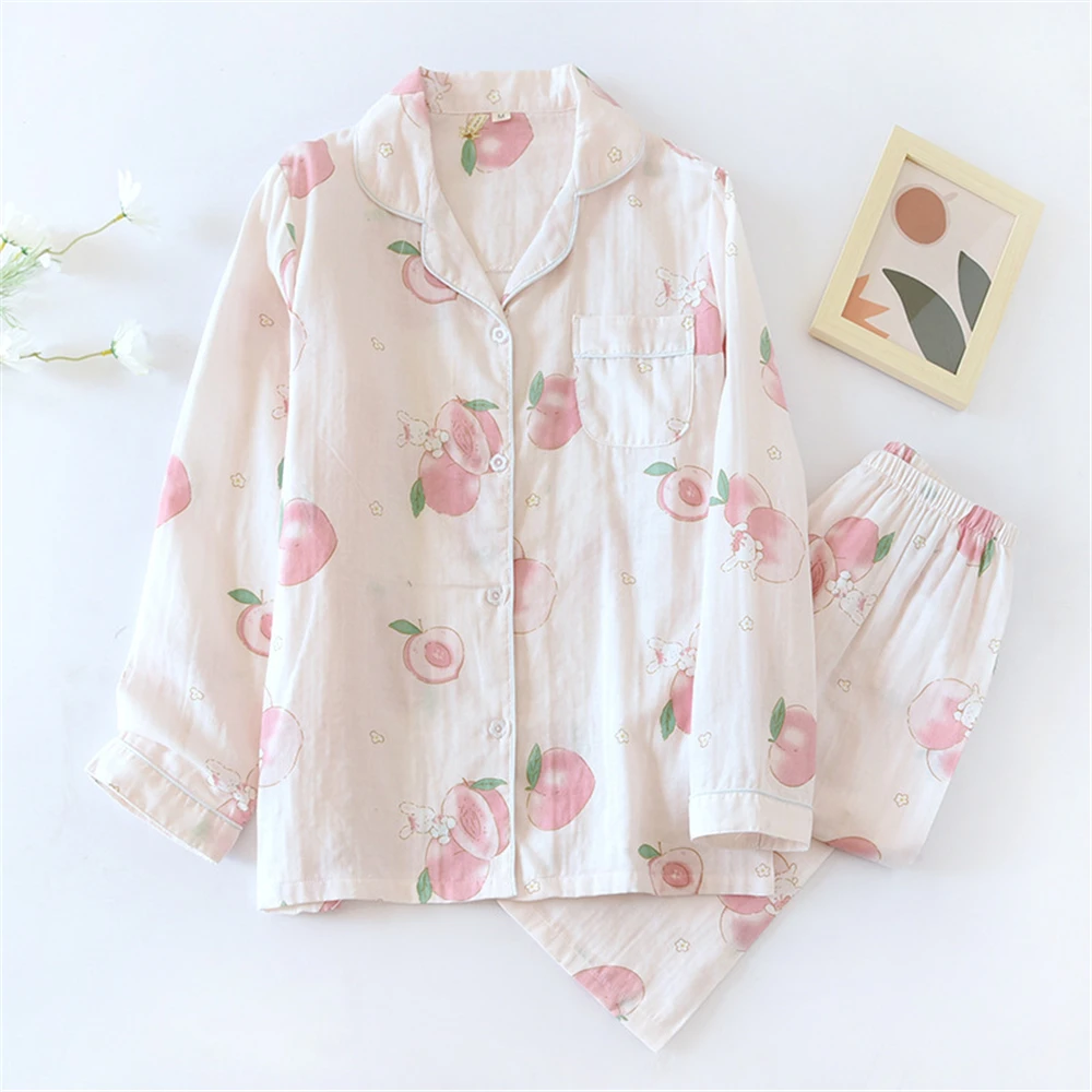 Pajamas Set Ladies Cotton Gauze Longsleeved Long Trousers Loose Spring