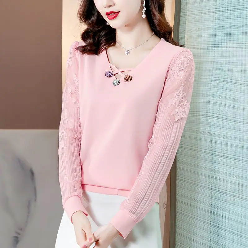 용수철 브이넥 긴팔 통근 풀오버 셔츠, 캐주얼 패션, 트렌디 여성복, 한국 버전, 여름 신상