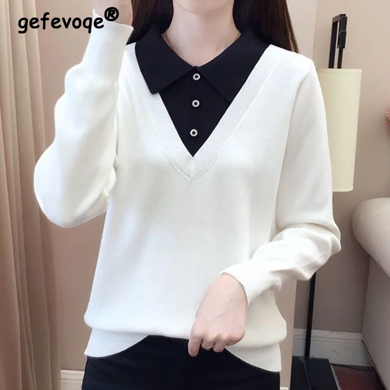 

6 Colors Available Fake Two Knitted Sweaters for Women 2023 Autumn and Winter Polo-Neck Pullover Long Sleeve Loose Bottomedshirt