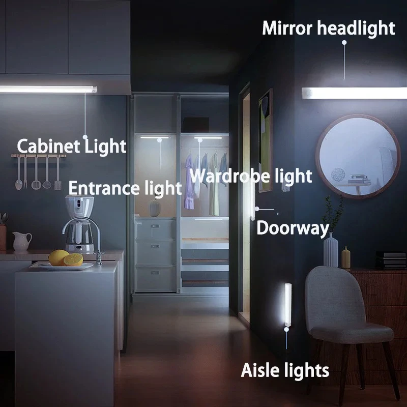 10/20/30/50CM Magnetic Attraction LED Wardrobe Light PIR Motion Sensor Cabinet Night Light USB Rechargeable Warm White Bar