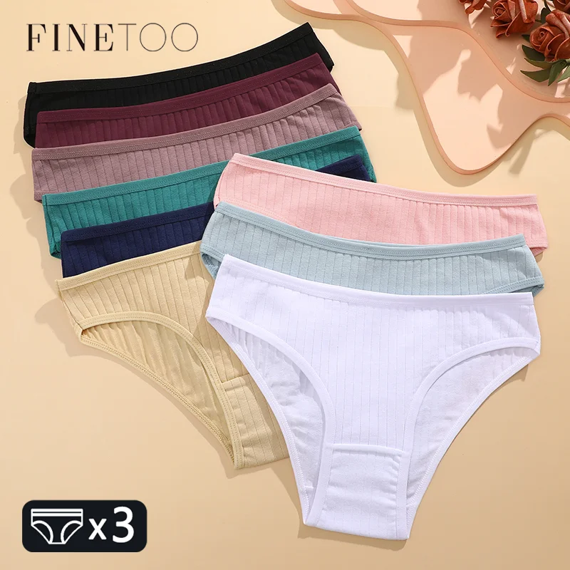 FINETOO 3PCS/SET Women's Cotton Panties Soft Striped Underpants Sexy Solid Color Briefs Female Comfortable Stretch Lingerie M-XL