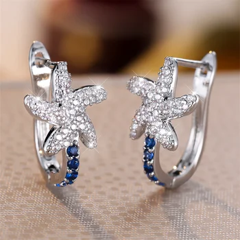Blue Crystal White Zircon Starfish Hoop Earrings For Women Vintage Silver Color Ear Buckle Wedding Jewelry Engagement Party Gift
