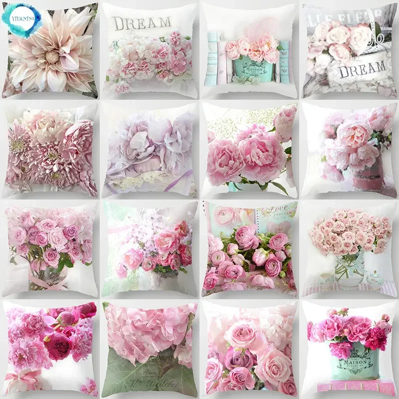 

Pink Flower Pattern Decorative Cushions Pillowcase Polyester Cushion Cover Throw Pillow Sofa Decoration Pillowcover