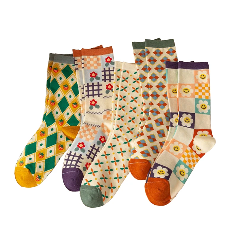 Print Cute Long Winter Socks Women Fashion Flowers Socks Set Kawaii Breathable Korean Style Streetwear Socken 5 Pair