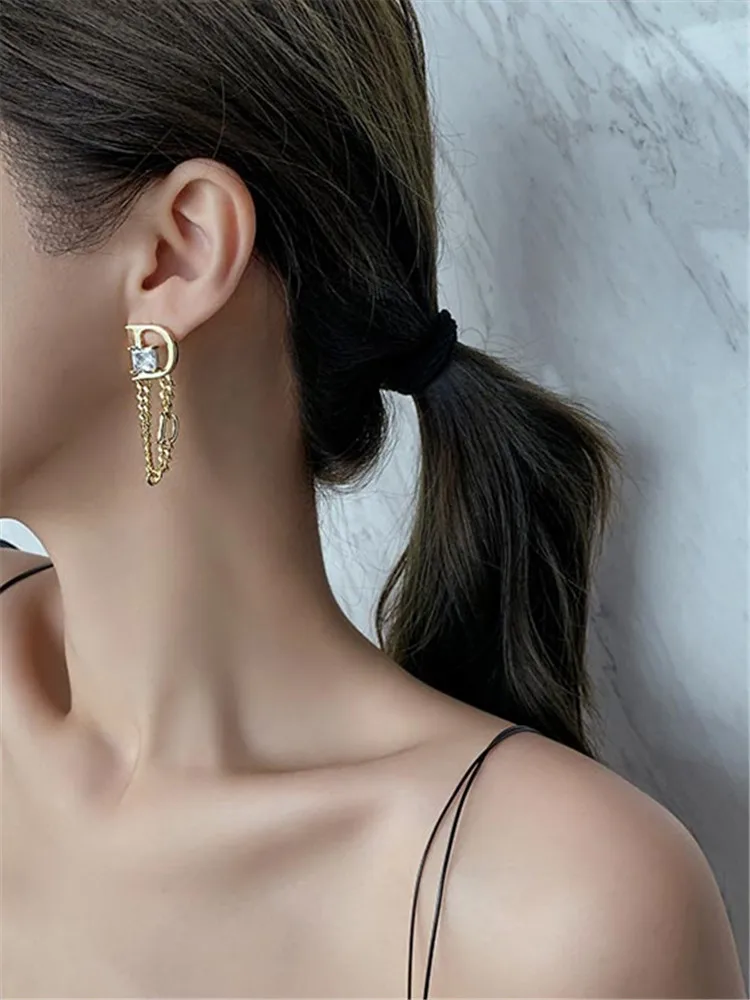 South Korea Design Jewelry Chain Tassel Letter D Square Zircon dangle earrings drop earrings crystal tassel earrings Women's Party Gift Accessories