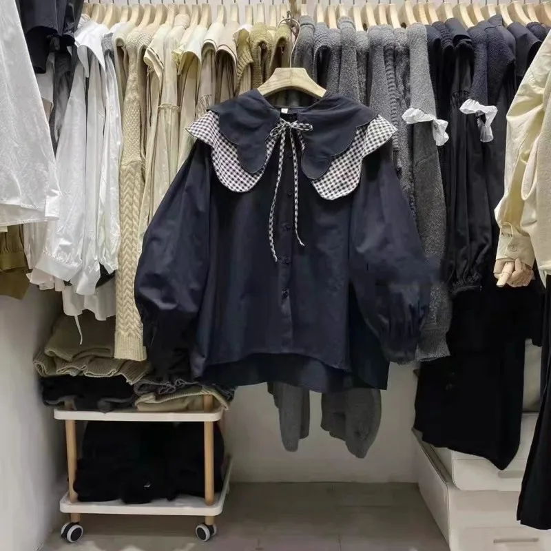 

Женская блузка с воротником «Питер Пэн», элегантная повседневная блузка контрастных цветов в Корейском стиле на шнуровке, осень 2022