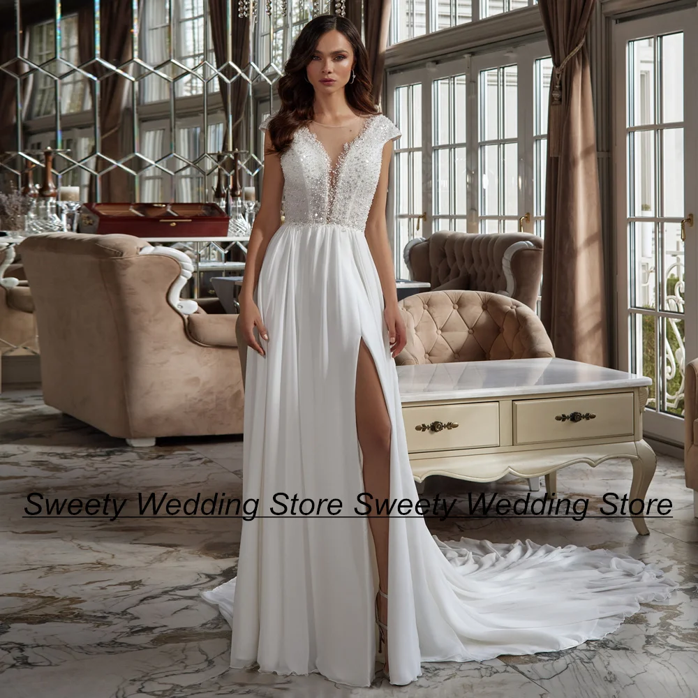 

Jiayigong Sexy Ivory Wedding Dress Cap Sleeve V Neck Beading Sequin Court Train High Slit Robe De Mariage Bridal Gown for Bride