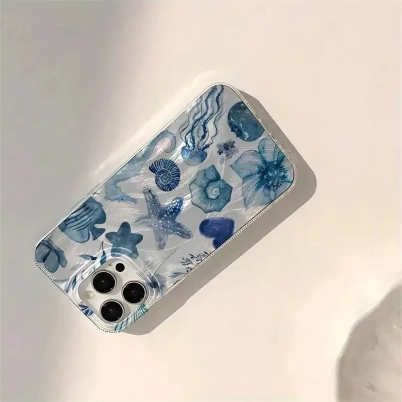 Chiffon Texture Lip Print Phone Case in Blue Ocean Element Design