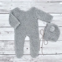 2Pcs Photography Props for Baby Boy Girls Unisex Jumpsuit Bear Ear Hat Footed Romper Newborn Photoshooting Accessories 4