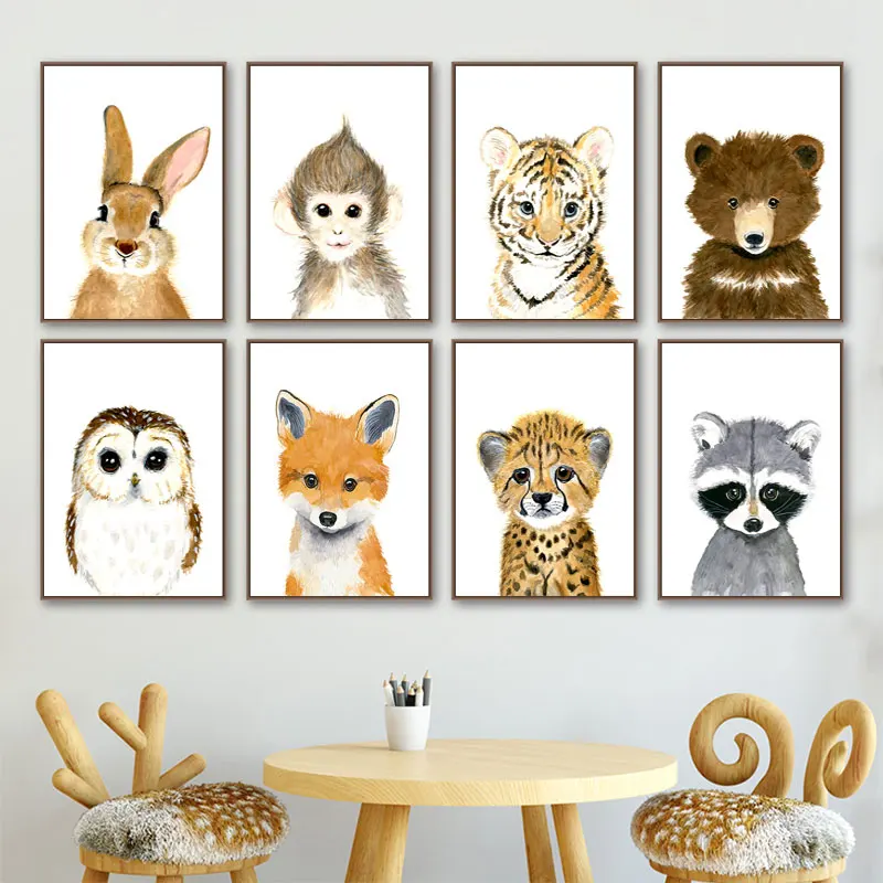 

Cute Baby Animal Wall Art Poster and Prints Watercolor Animals Canvas Painting Nordic Giraffe Zebra Pictures for Kid Room Decor