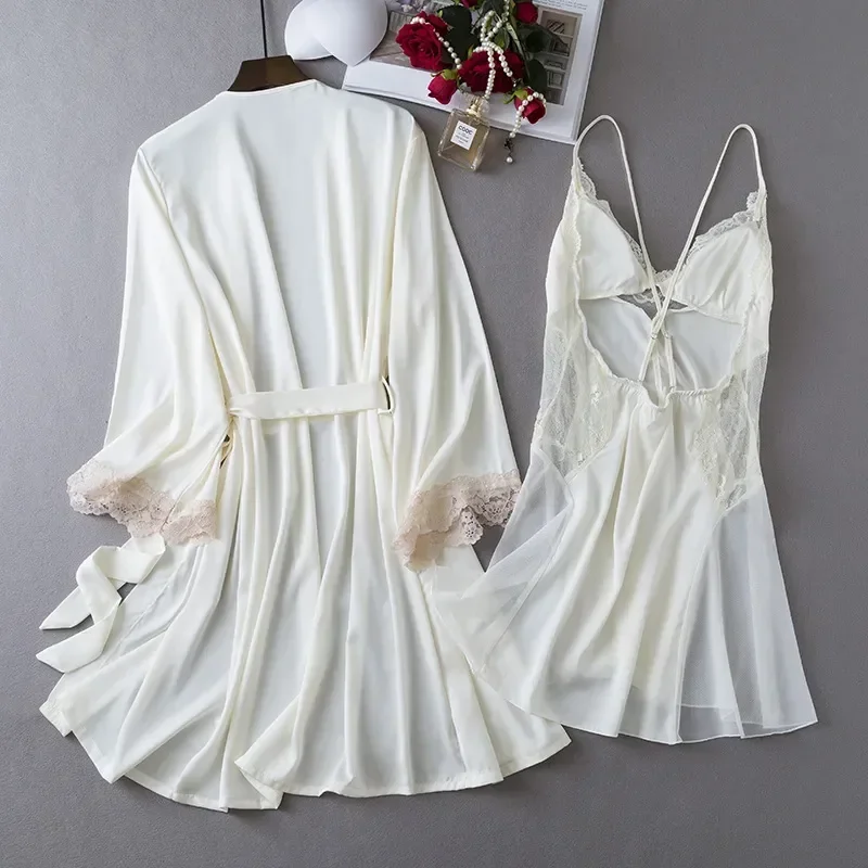 

Женское атласное кружевное нижнее белье, ночная рубашка, летний Свадебный халат, комплект, одежда для сна, домашняя одежда из 2 предметов, платье для невесты