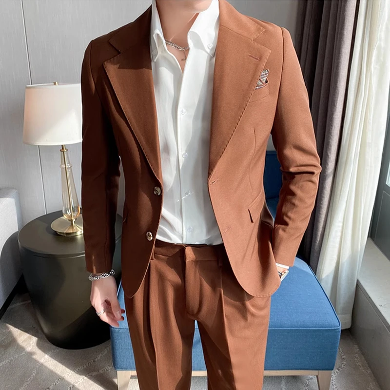 ( Jacket + Pants ) High End Men's Casual Business Suit Two-piece Set British Fashion Casual Suit Groom Wedding Dress Male