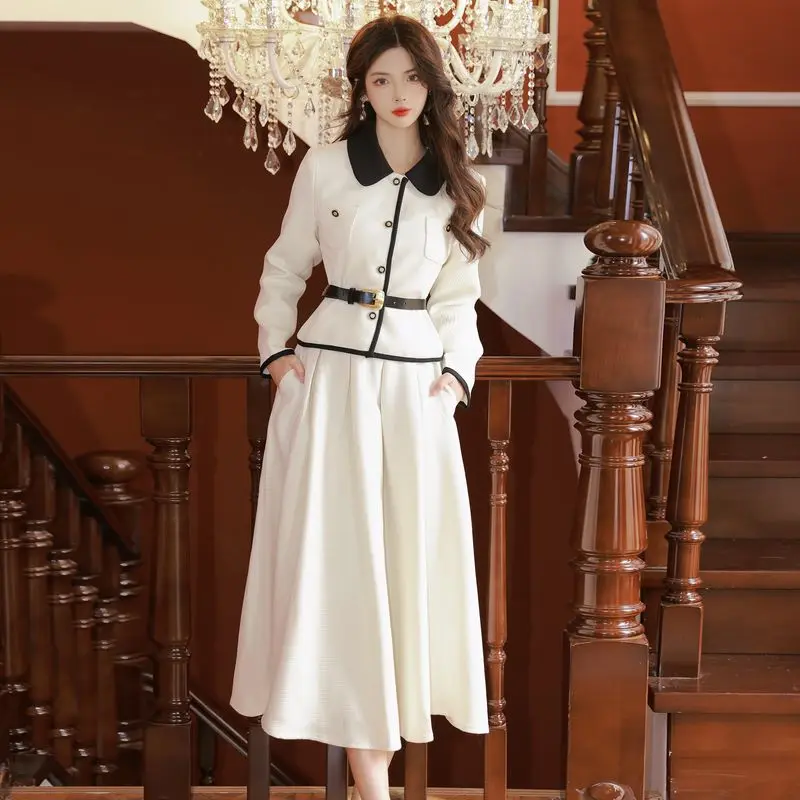 Spring Autumn Women's Short Coat White Casual Slim Belt