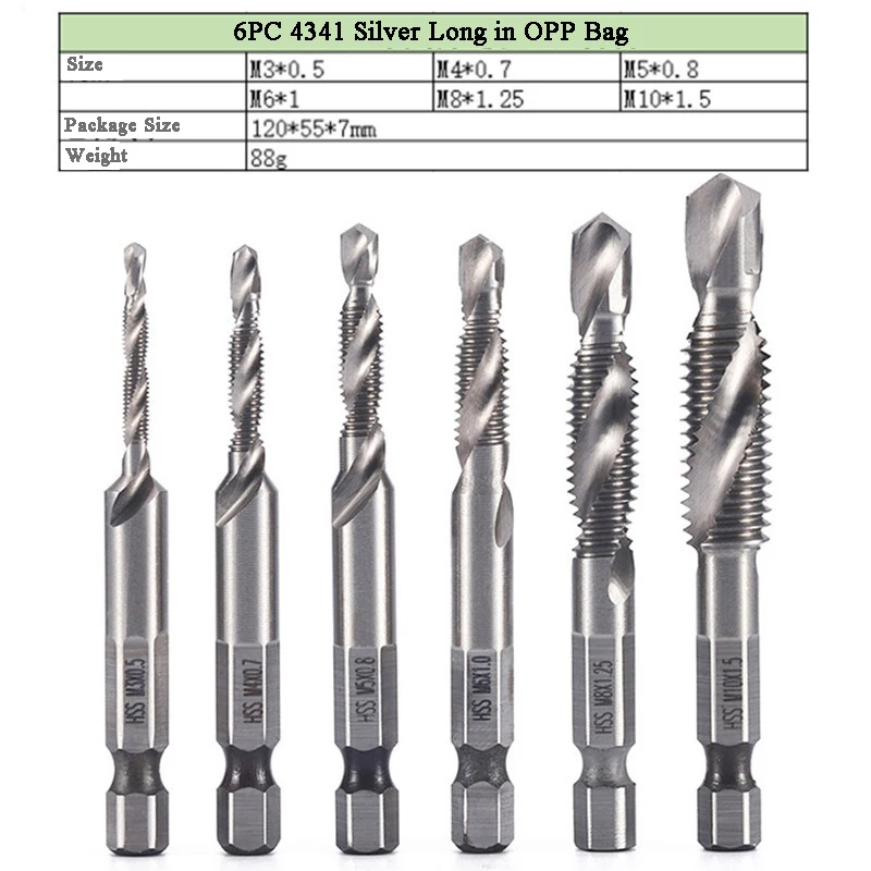 L-FIRST 6pcs Tap Drill Bit Hex Shank Titanium Plated HSS Screw Thread Bit Screw Machine Compound Tap M3 M4 M5 M6 M8 M10 Tools best hand planer Hand Tools