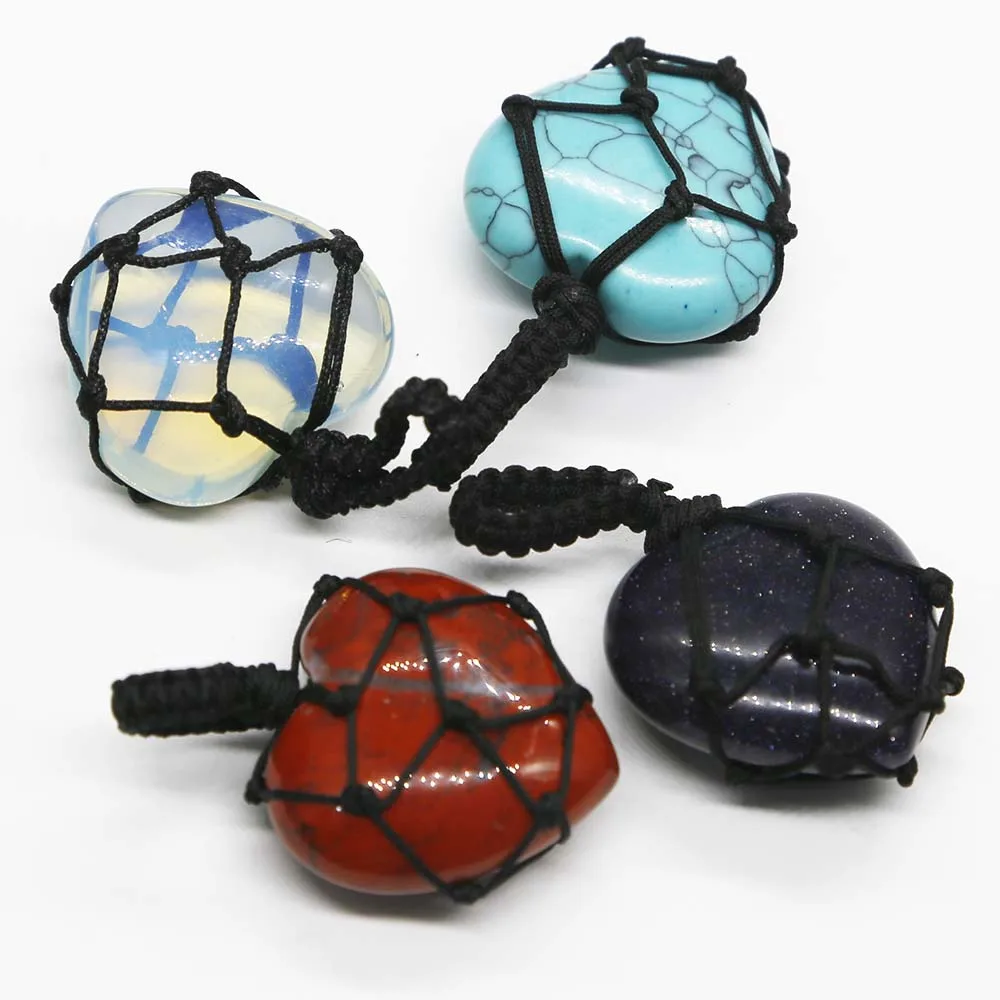 Natural Stone Crystal Agate Hand Knotting Peach Heart Necklace Pendant Charm Fashion DIY Jewelry Gift Accessories Wholesale 4Pcs