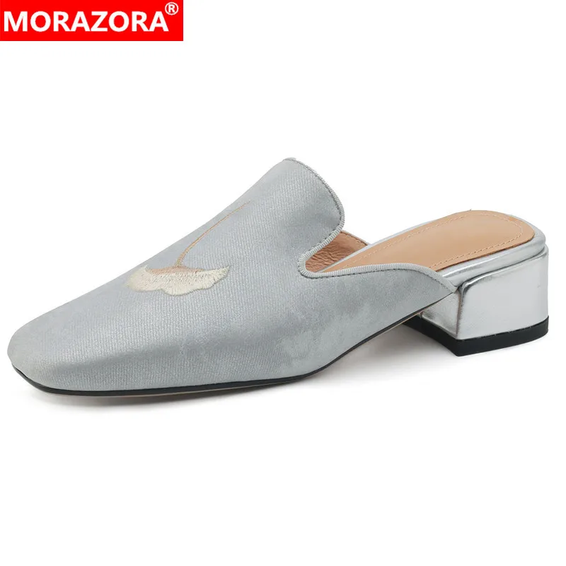 MORAZORA 2024 New Split Leather Women Slippers Square Mid Heels Women's Mules Ladies Office Dress Shoes Fashion Footwear