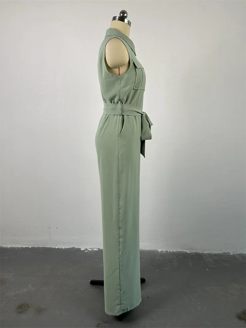 Women Summer Zipper Fly Turn-down Collar Pocket Front Sleeveless Wide Leg Jumpsuit 2024 casual One Piece Suit Romper Playsuit