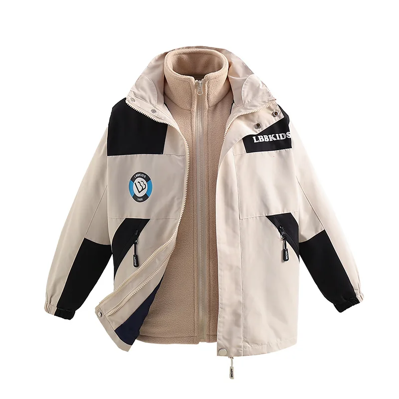Fashion Children's Hiking Jacket Set Windproof Waterproof Hooded Outdoor Jacket Removable Padded Warm Lining 2pcs Camping Coat