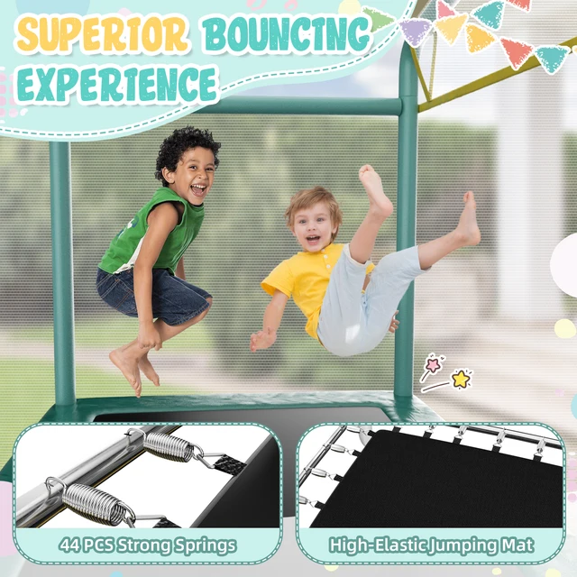 6FT Rectangle Trampoline for Small Spaces, 4-in-1 Kids Trampoline with Swing & Safety Enclosure Net, Ideal for Sensory Play & Indoor/Outdoor Use for Ages 3-8, ASTM Approved