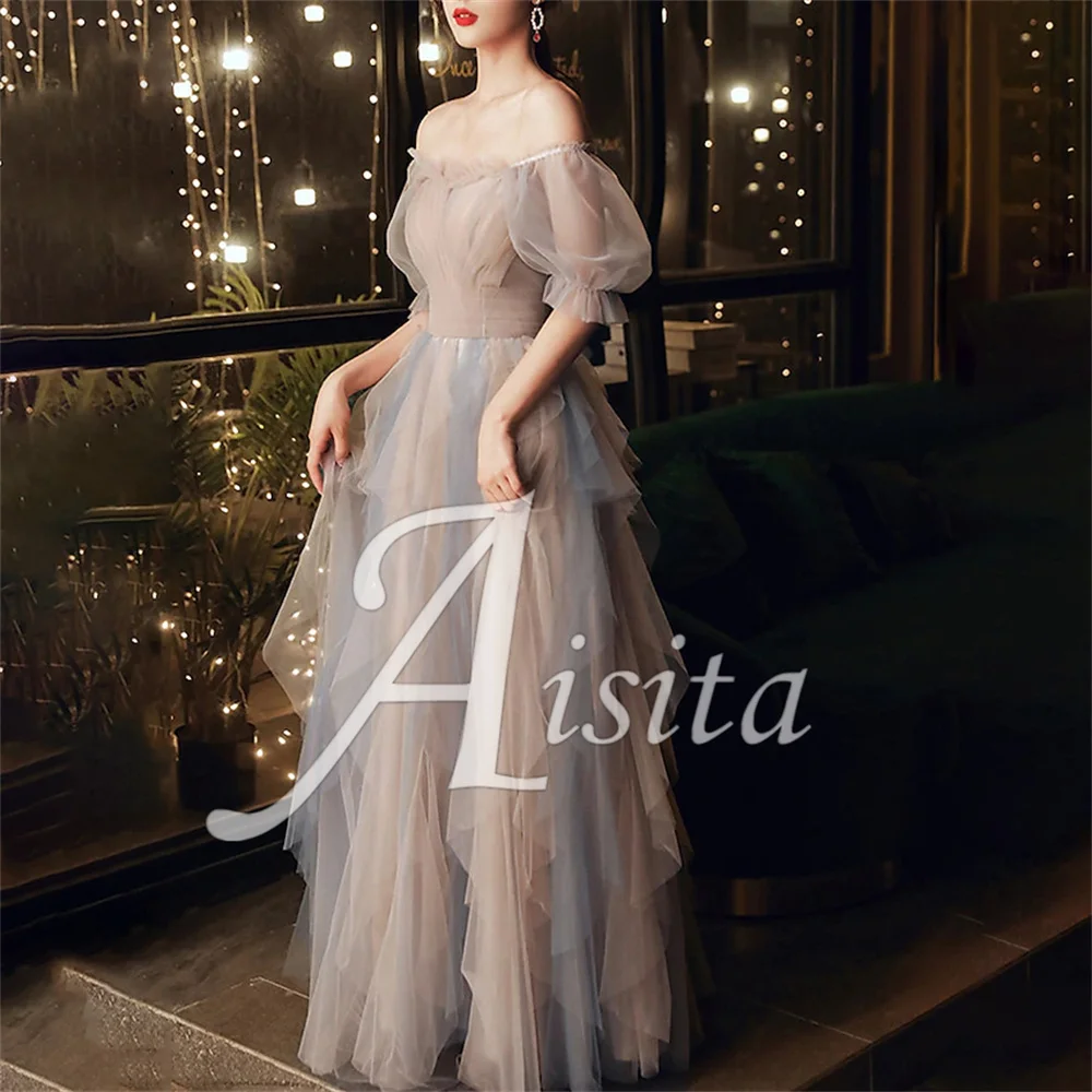 

Fairy A-Line Wedding Dress Scoop Neck Prom Dress Half Sleeve Dresses Tulle with Pleats Ruffles Evening Dresses Vestidos De Noche