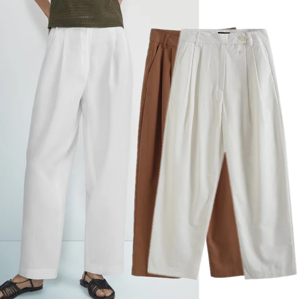 Withered British Lazy Style Cotton Linen Straight Trousers Simple Office Ladies Commuter Solid Color Casual Pants Women
