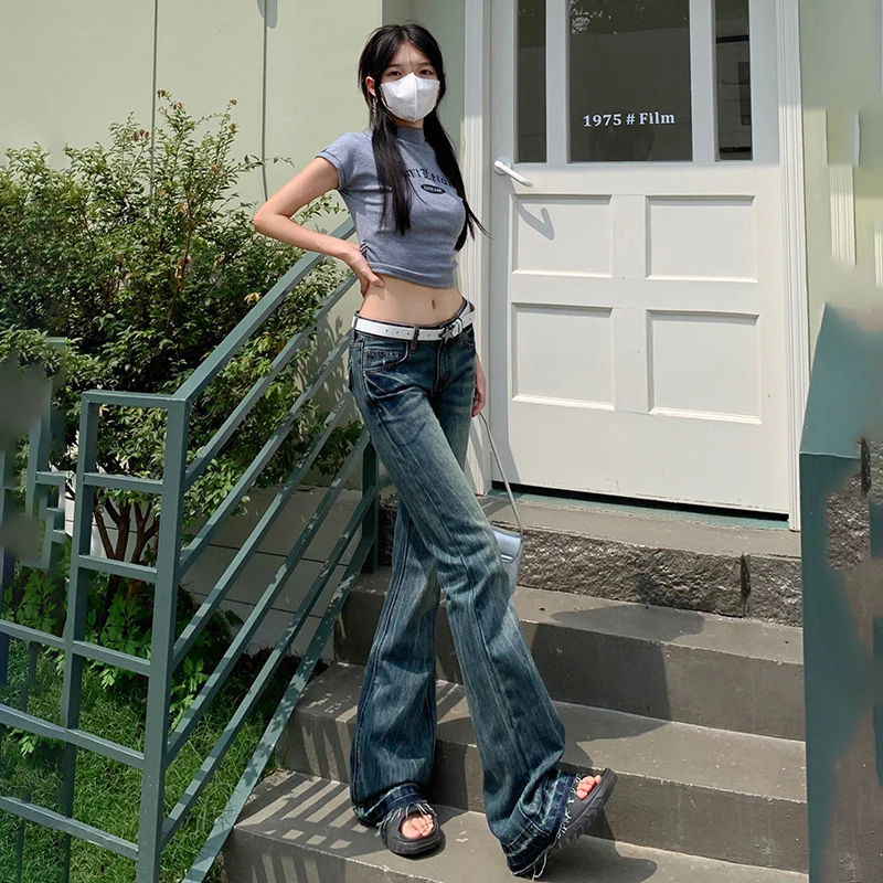 American Style High Street Spicy Girl Sexy Vintage Trend Low Waisted Micro Horn Jeans Women's Button Zippered Pockets Long Pants