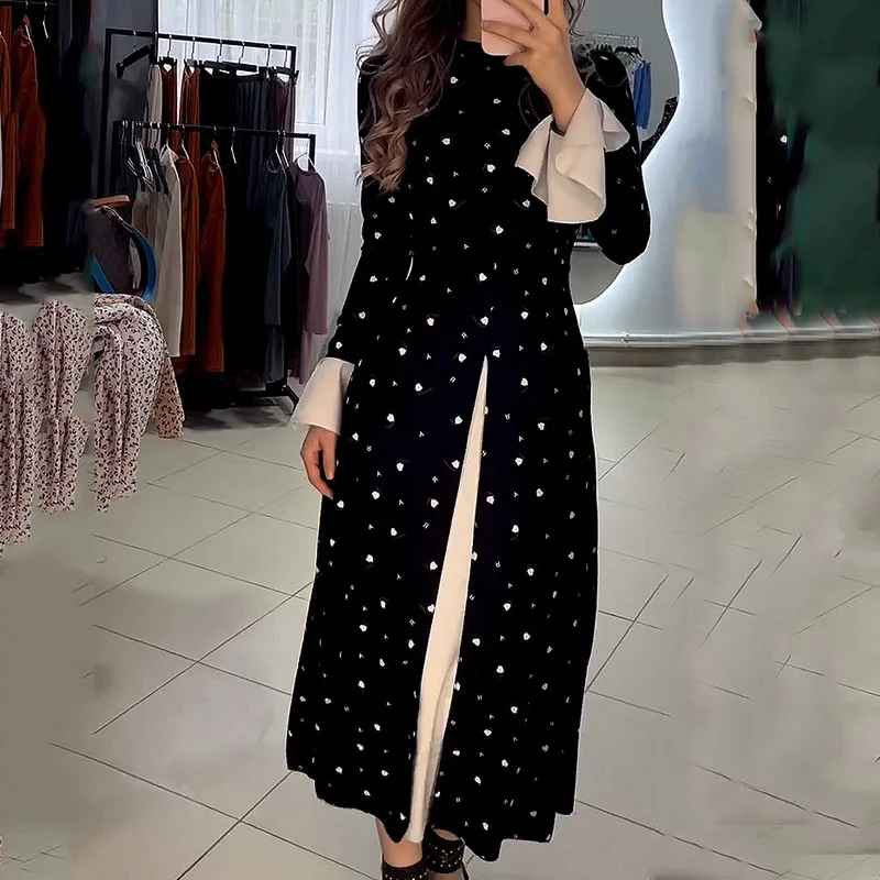 

Elegant Dot Print Patchwork Big Hem Dress Female O Neck Flared Long Sleeve Split Dress Autumn Spring Contrast Color A-Line Dress